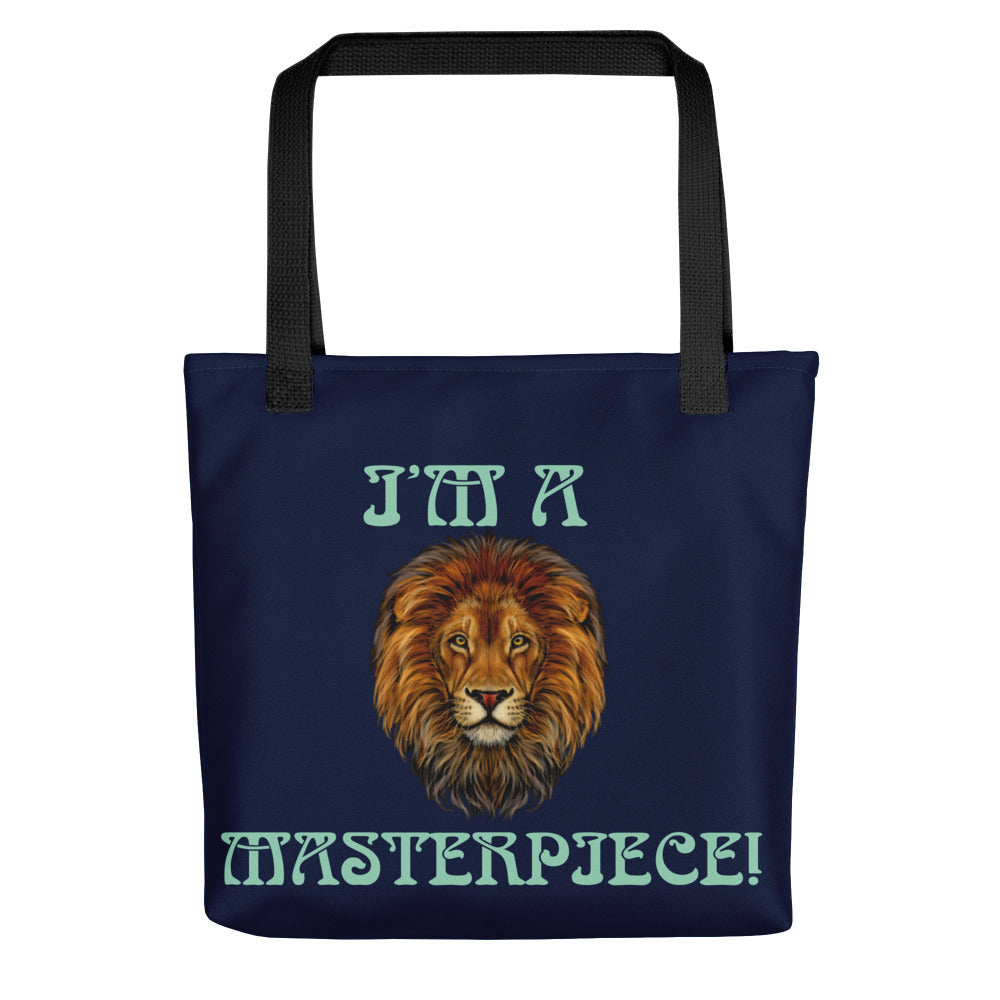 “I’M A MASTERPIECE!”Navy Tote Bag W/Vista Blue Font