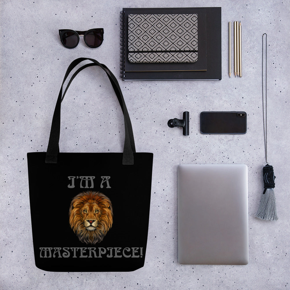“I’M A MASTERPIECE!”Black Tote Bag W/Grey Font