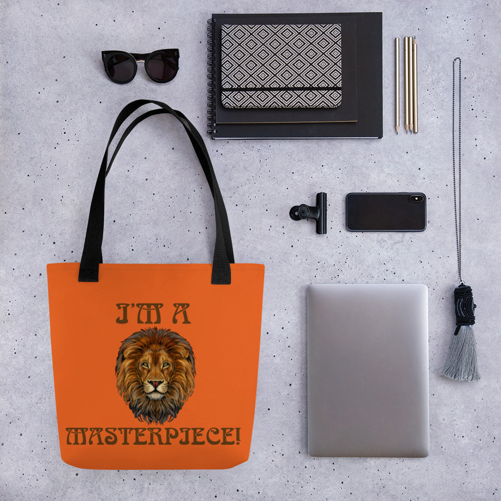 “I’M A MASTERPIECE!”Orange Tote Bag W/Brown Font