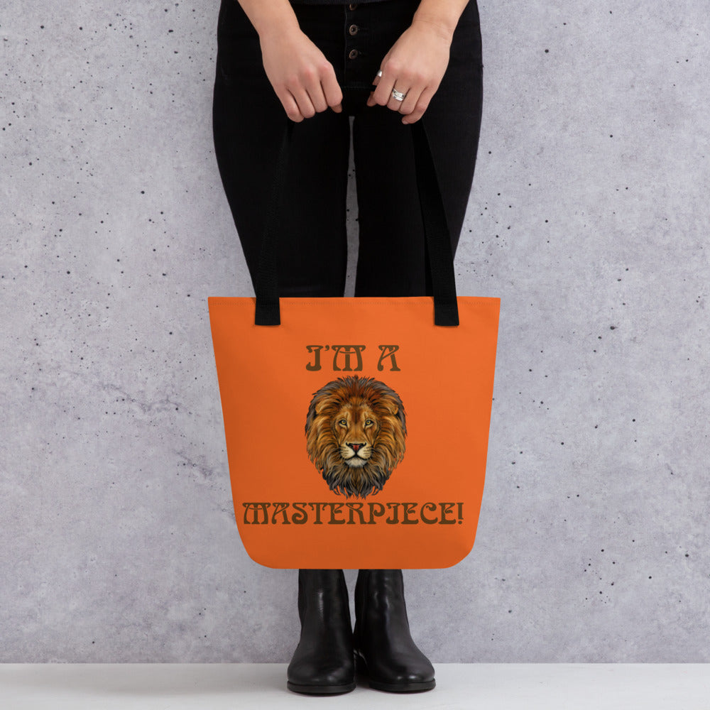 “I’M A MASTERPIECE!”Orange Tote Bag W/Brown Font