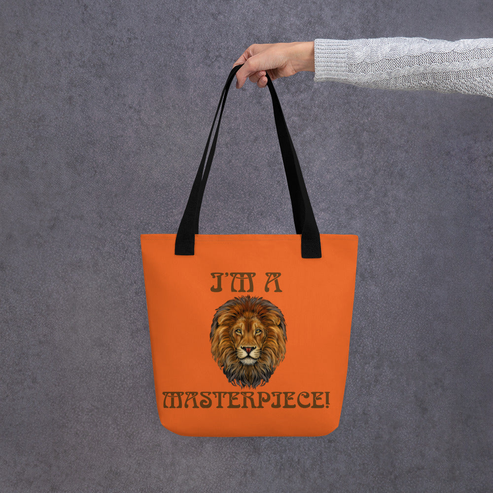 “I’M A MASTERPIECE!”Orange Tote Bag W/Brown Font