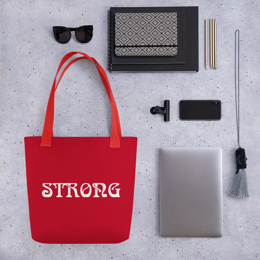 "STRONG"Red Tote Bag W/White Font