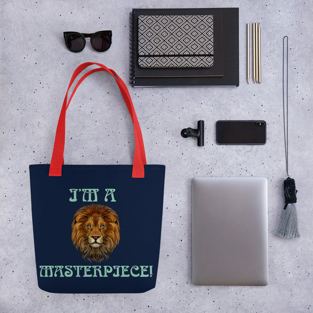 “I’M A MASTERPIECE!”Navy Tote Bag W/Vista Blue Font