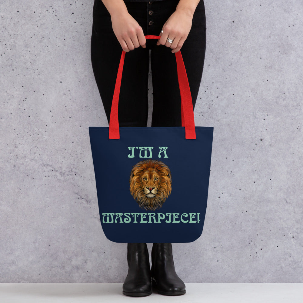 “I’M A MASTERPIECE!”Navy Tote Bag W/Vista Blue Font