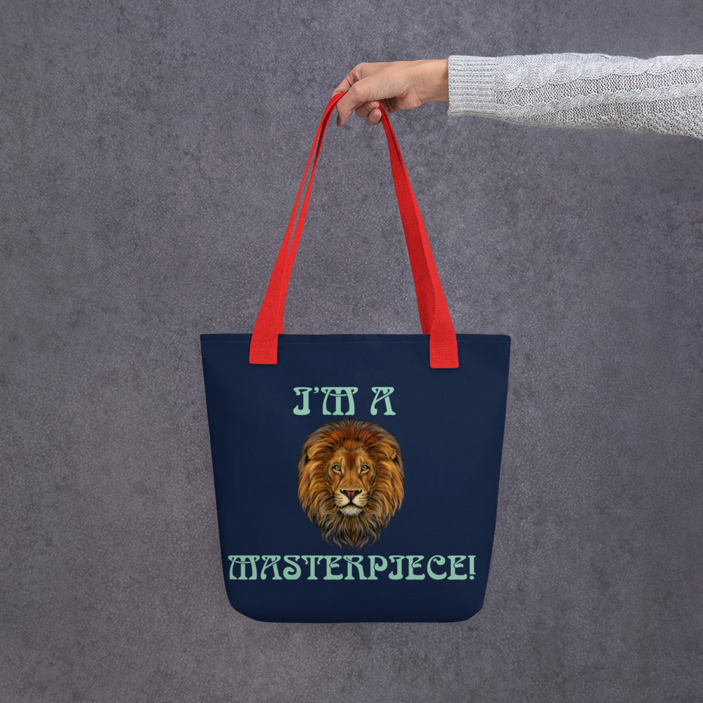 “I’M A MASTERPIECE!”Navy Tote Bag W/Vista Blue Font
