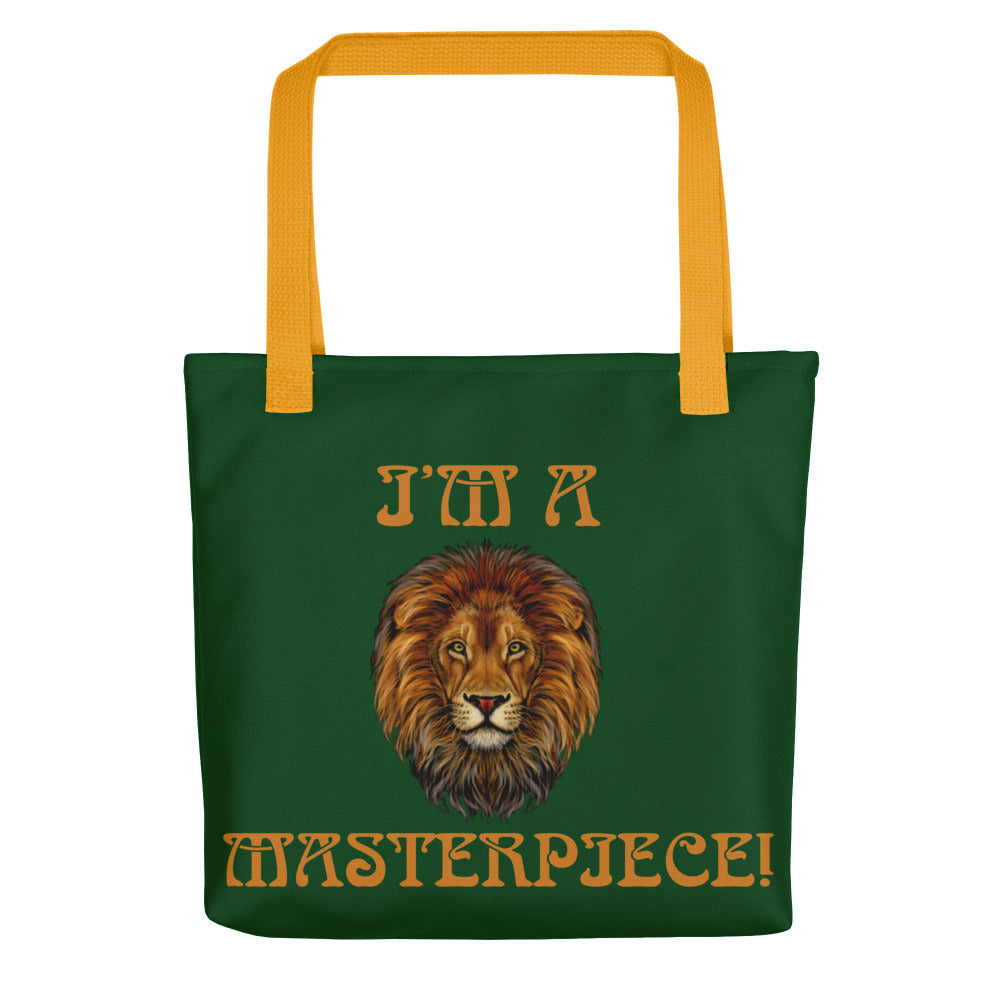 “I’M A MASTERPIECE!”Green Tote Bag W/Bronze Font