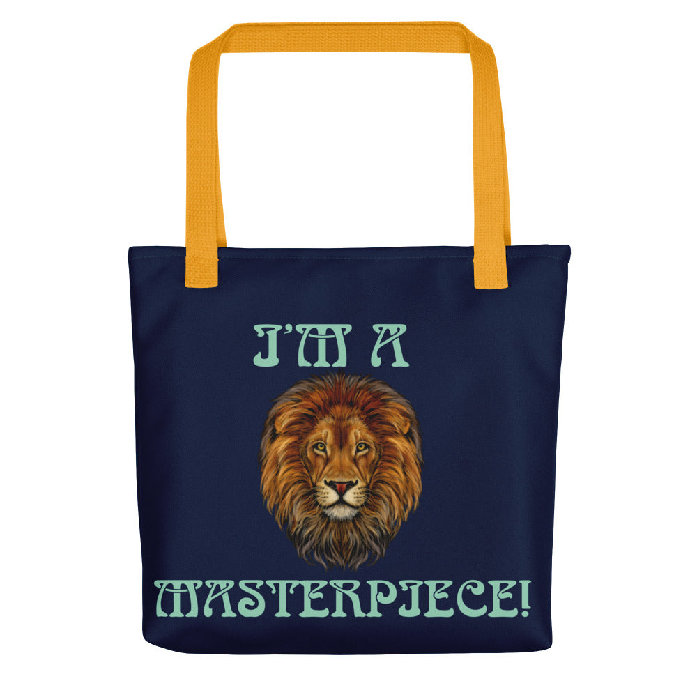 “I’M A MASTERPIECE!”Navy Tote Bag W/Vista Blue Font