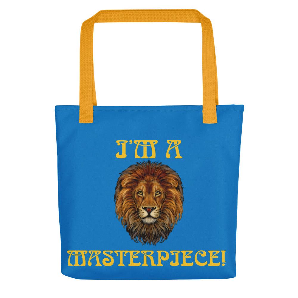“I’M A MASTERPIECE!”Blue Tote Bag W/Yellow Font