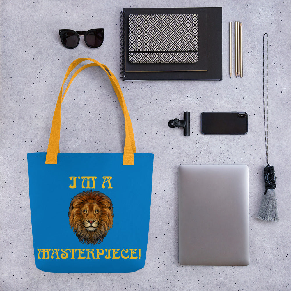 “I’M A MASTERPIECE!”Blue Tote Bag W/Yellow Font