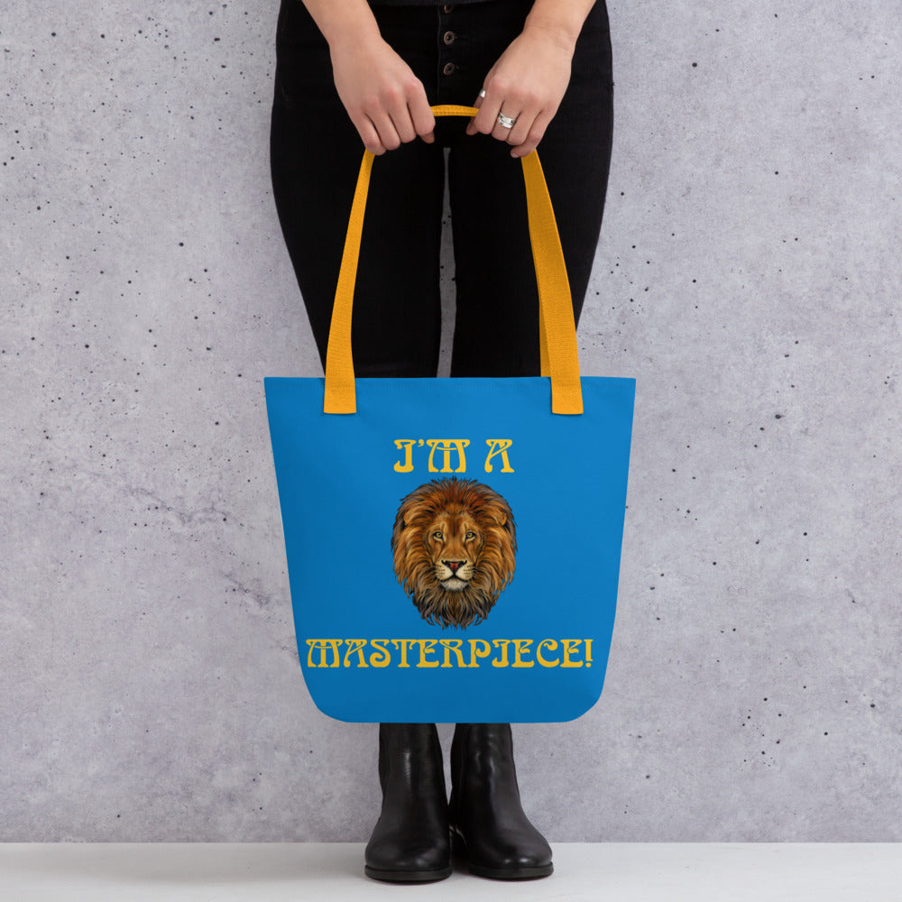“I’M A MASTERPIECE!”Blue Tote Bag W/Yellow Font