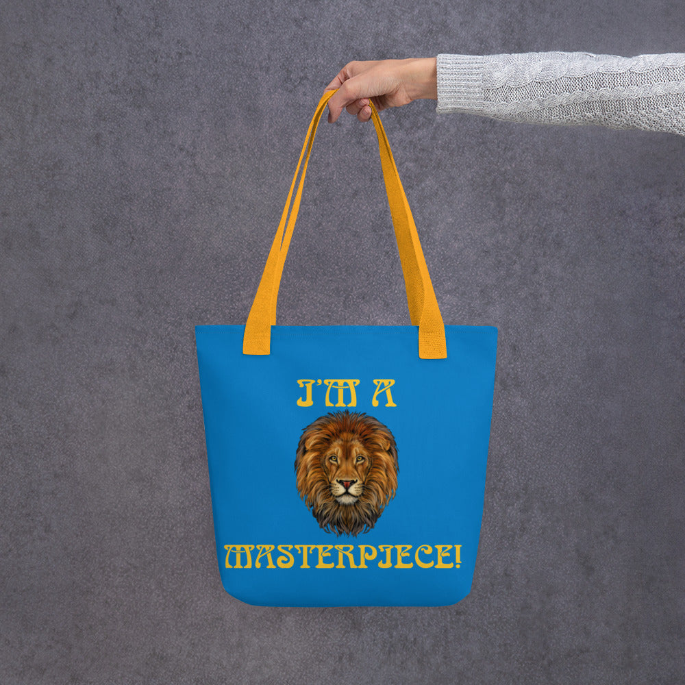 “I’M A MASTERPIECE!”Blue Tote Bag W/Yellow Font