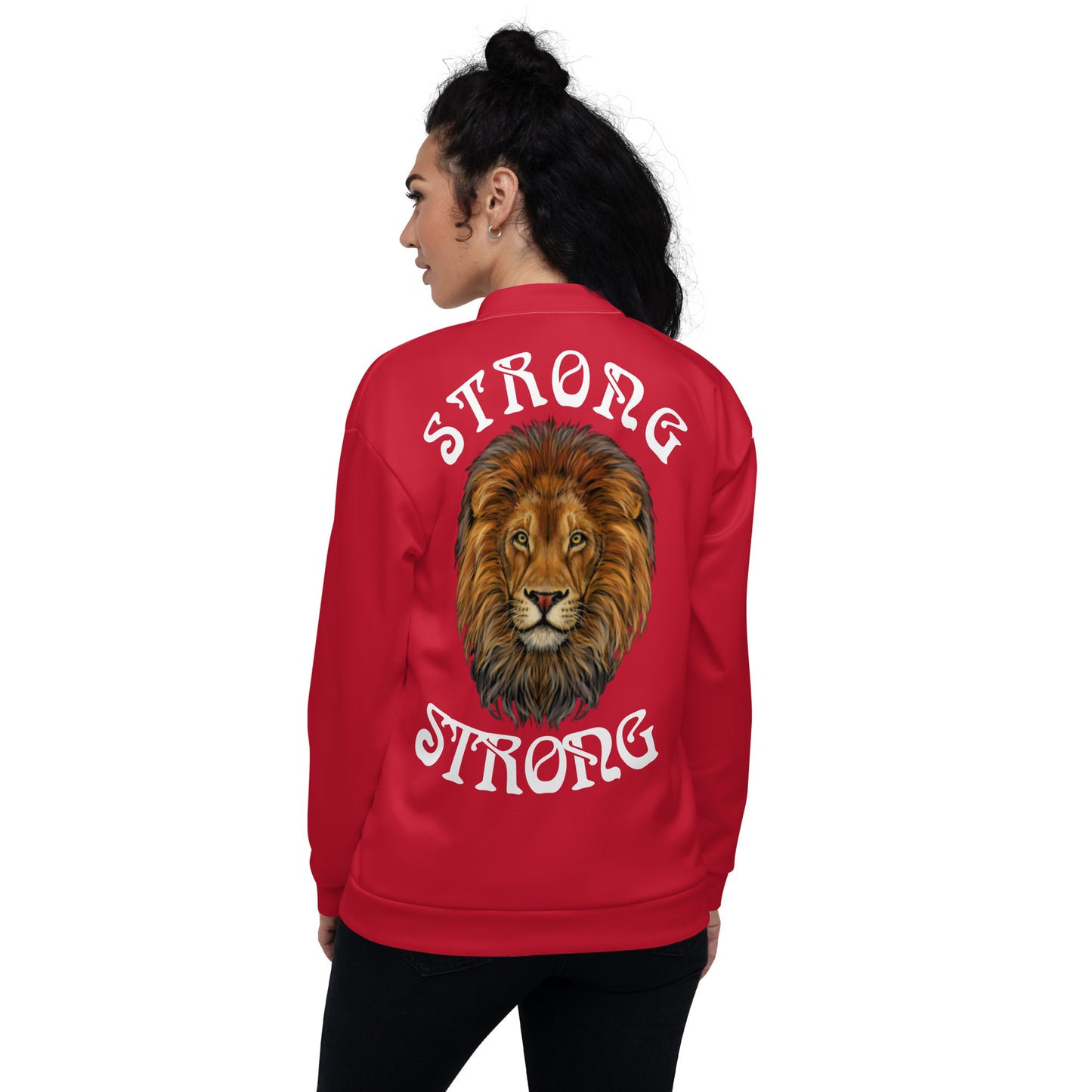 "STRONG"Red Unisex Bomber Jacket W/White Font