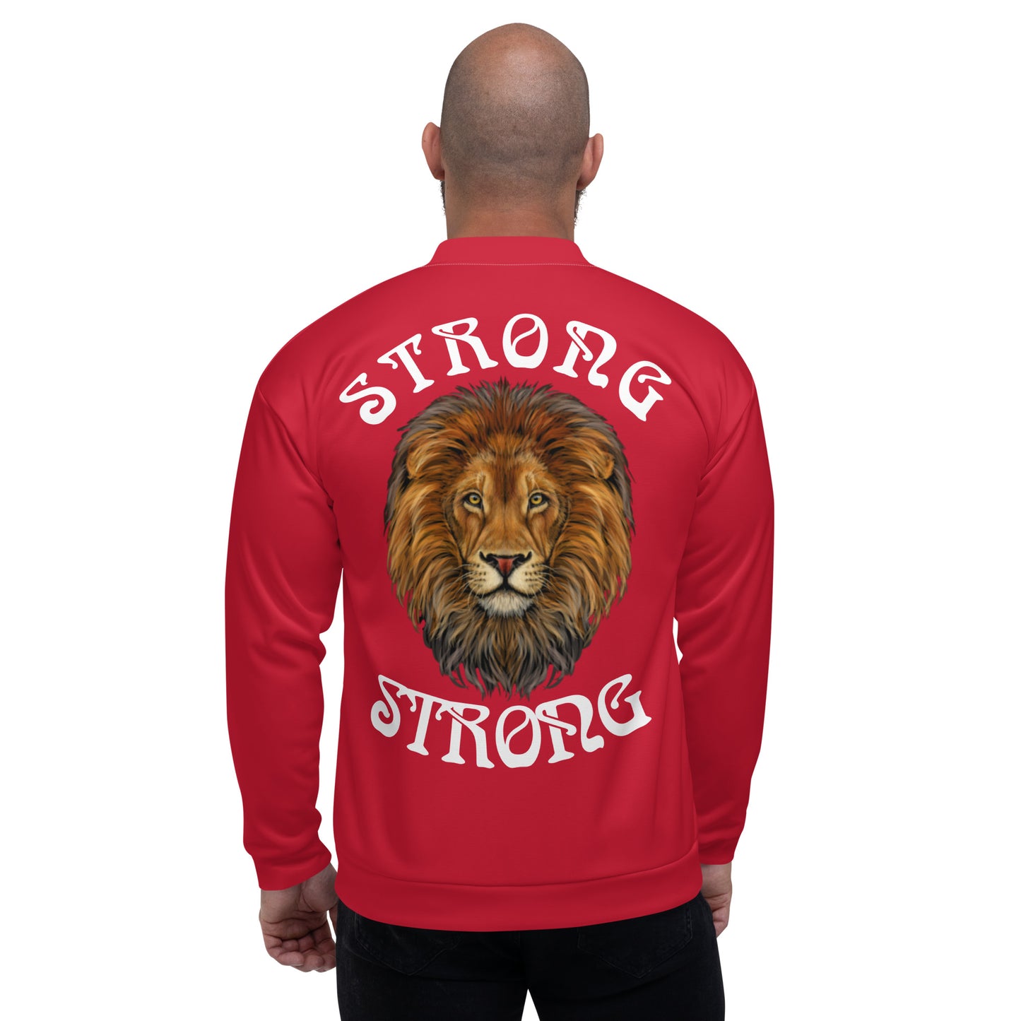 "STRONG"Red Unisex Bomber Jacket W/White Font