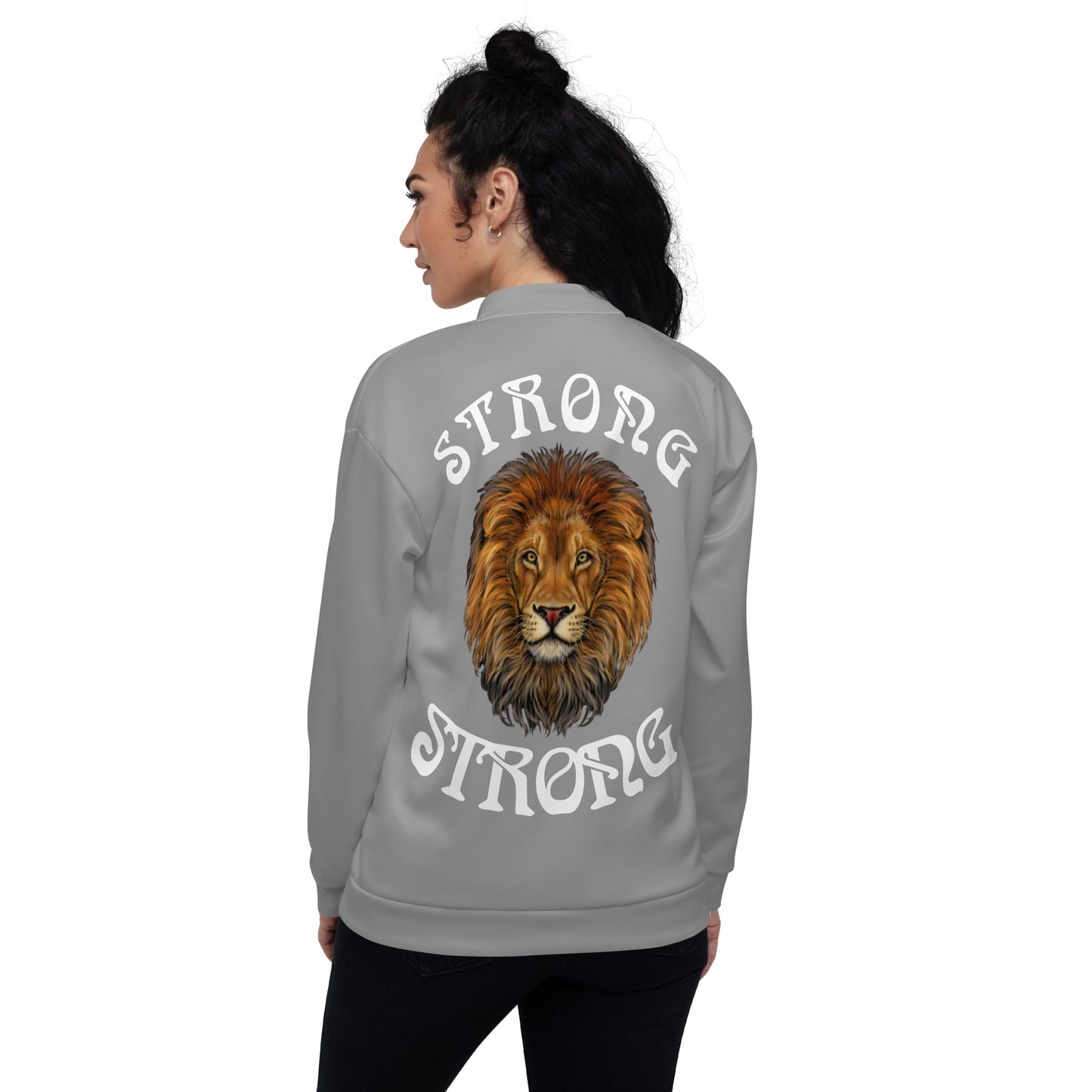 "STRONG"Grey Unisex Bomber Jacket W/White Font