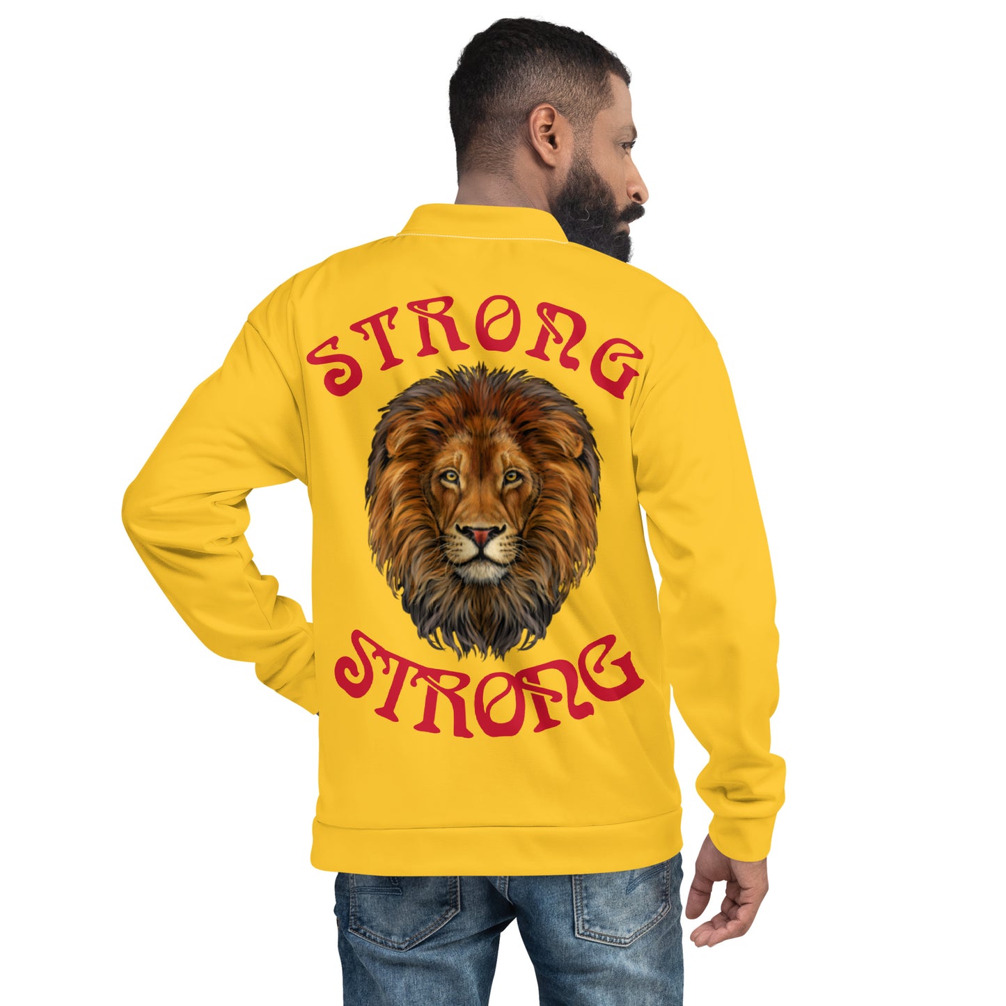 "STRONG"Yellow Unisex Bomber Jacket W/Red Font