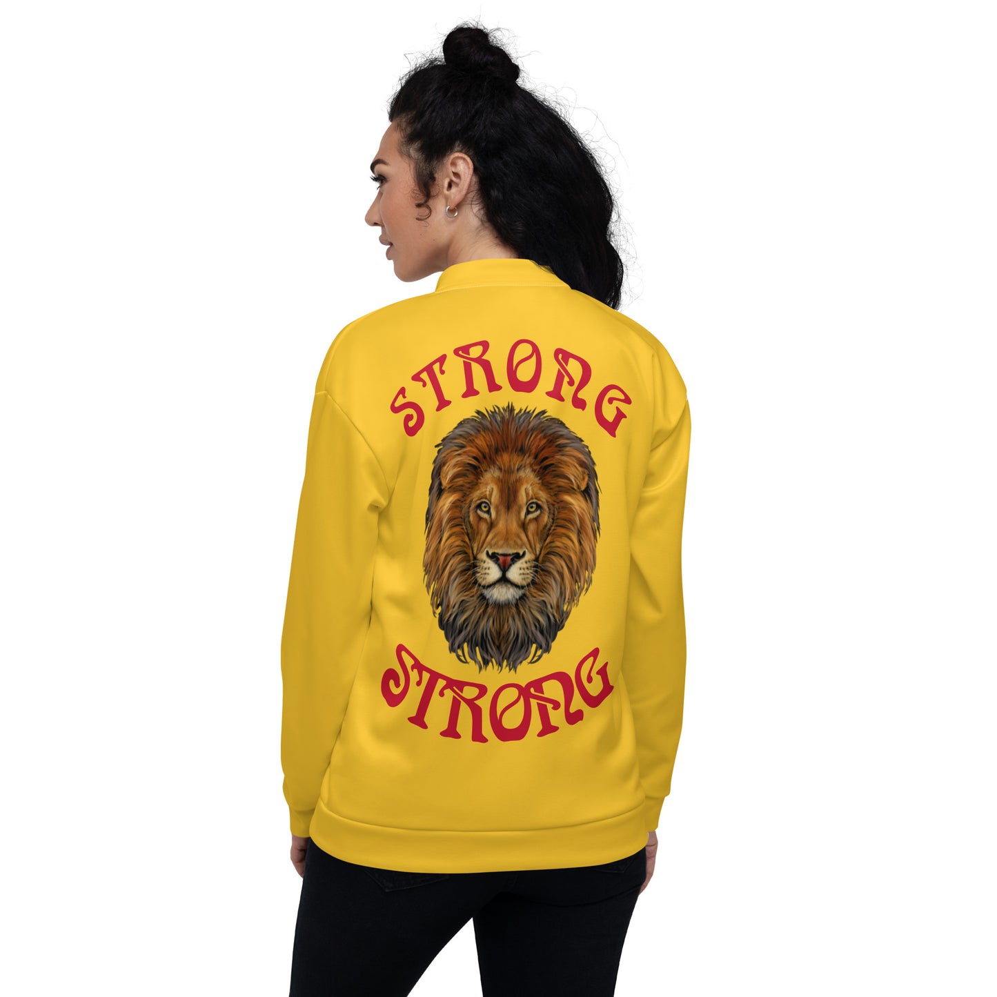 "STRONG"Yellow Unisex Bomber Jacket W/Red Font