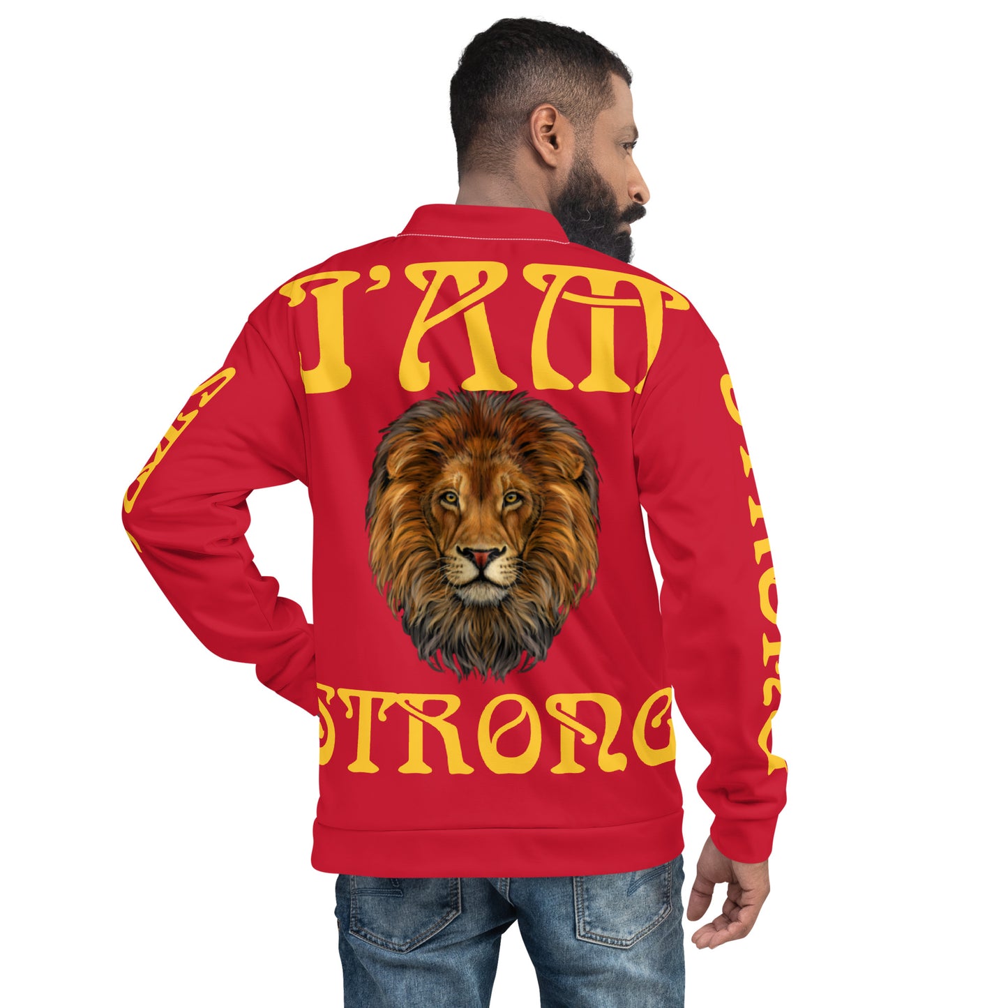 “I’AM STRONG”Red Unisex Bomber Jacket W/Yellow Font