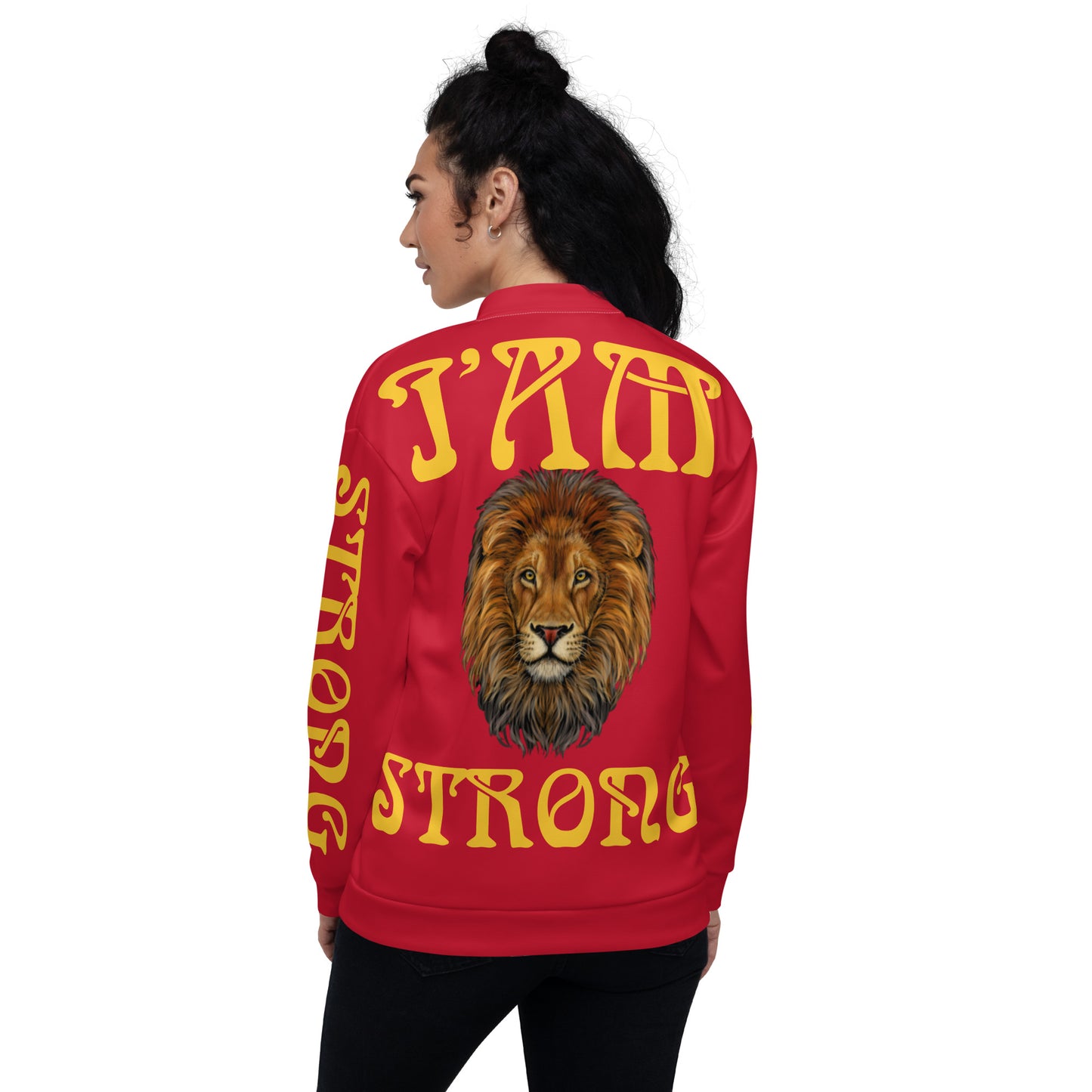 “I’AM STRONG”Red Unisex Bomber Jacket W/Yellow Font