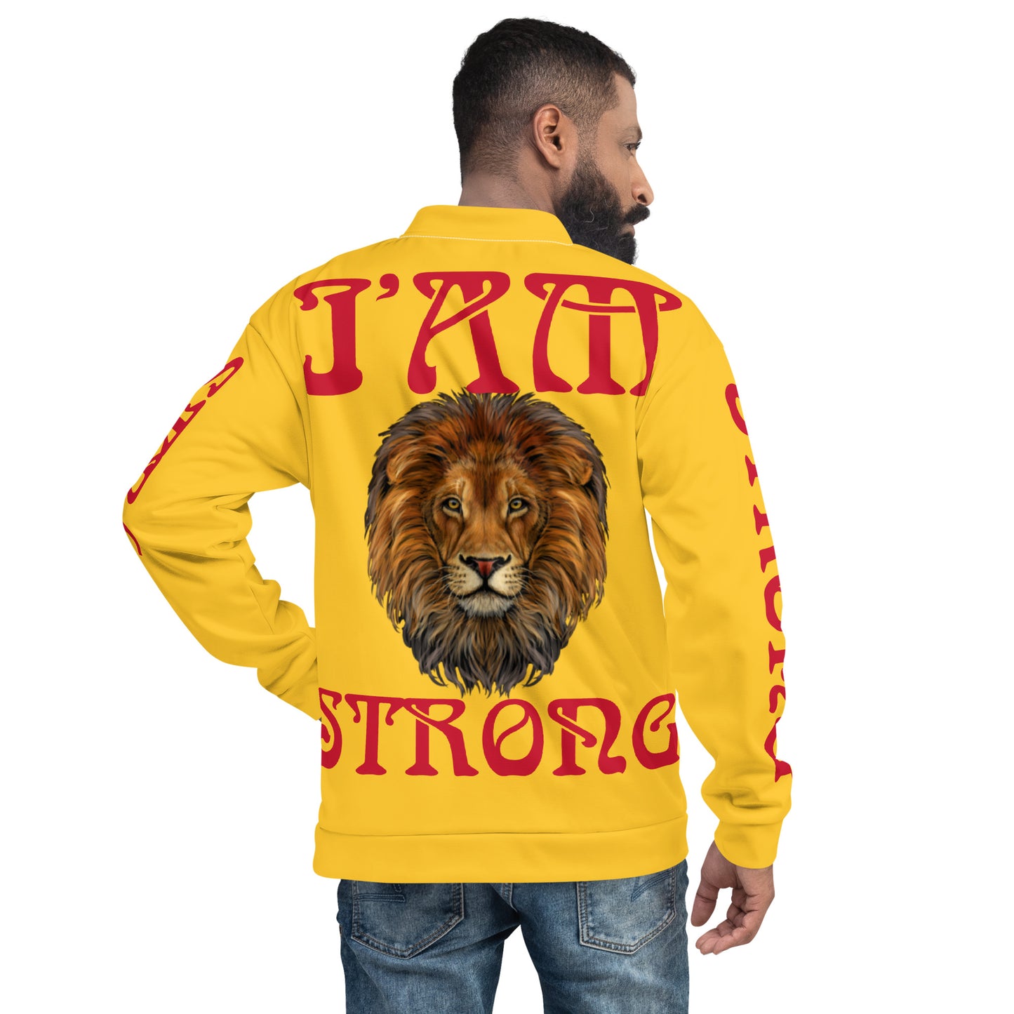 “I’AM STRONG”Yellow Unisex Bomber Jacket W/Red Font