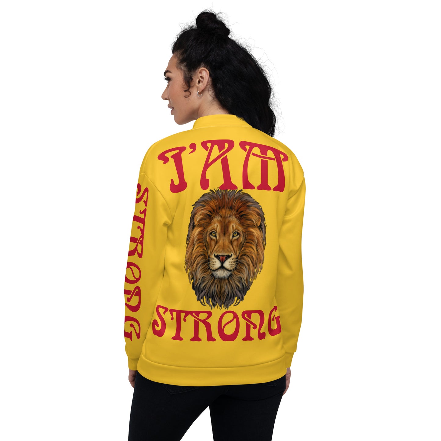 “I’AM STRONG”Yellow Unisex Bomber Jacket W/Red Font