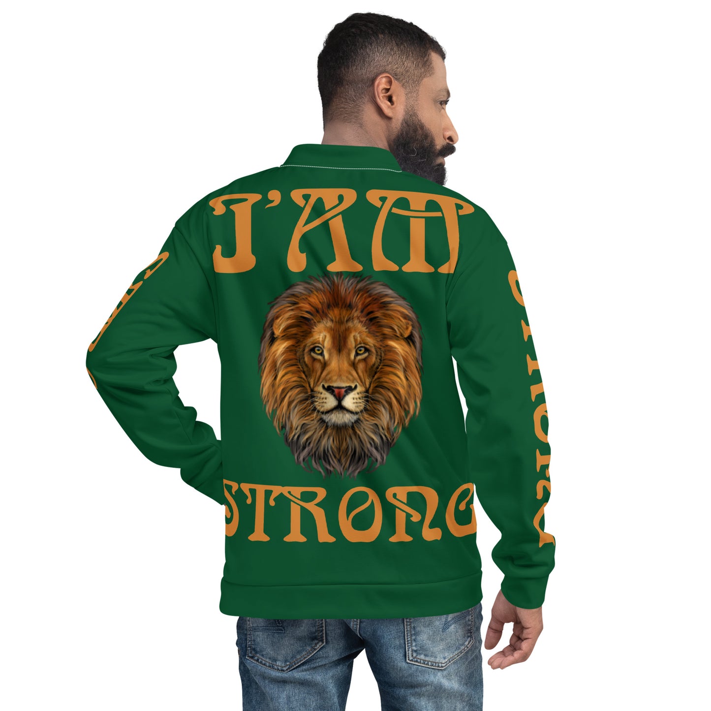 “I’AM STRONG”Green Unisex Bomber Jacket W/Bronze Font