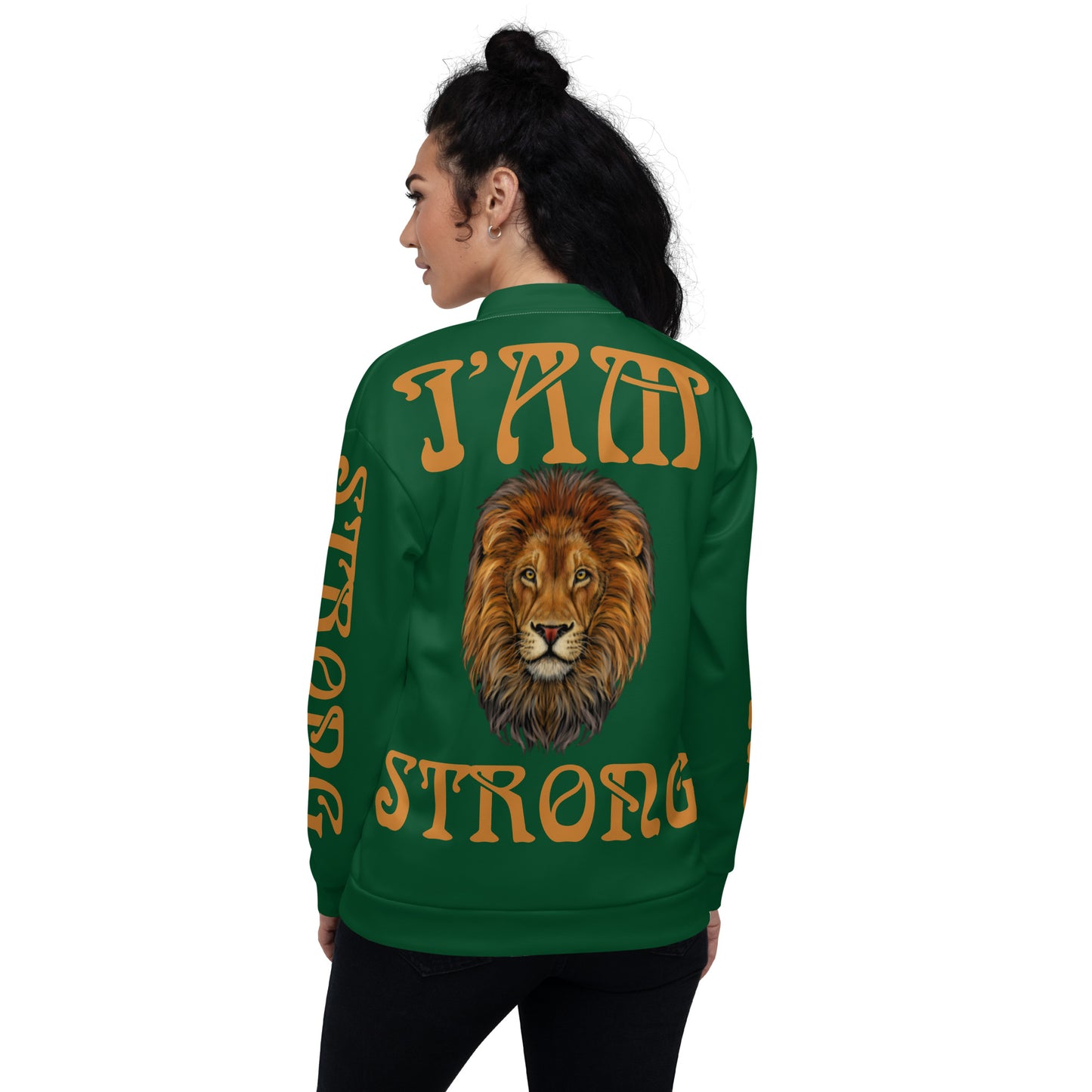 “I’AM STRONG”Green Unisex Bomber Jacket W/Bronze Font