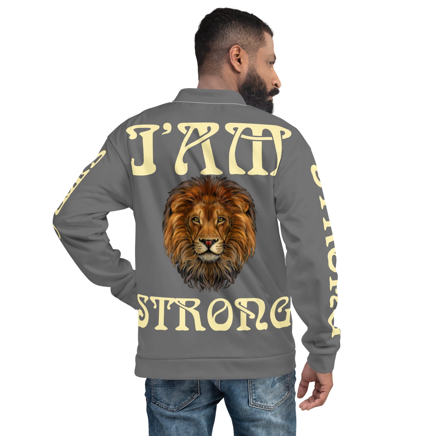 “I’AM STRONG”Grey Unisex Bomber Jacket W/Banana Font