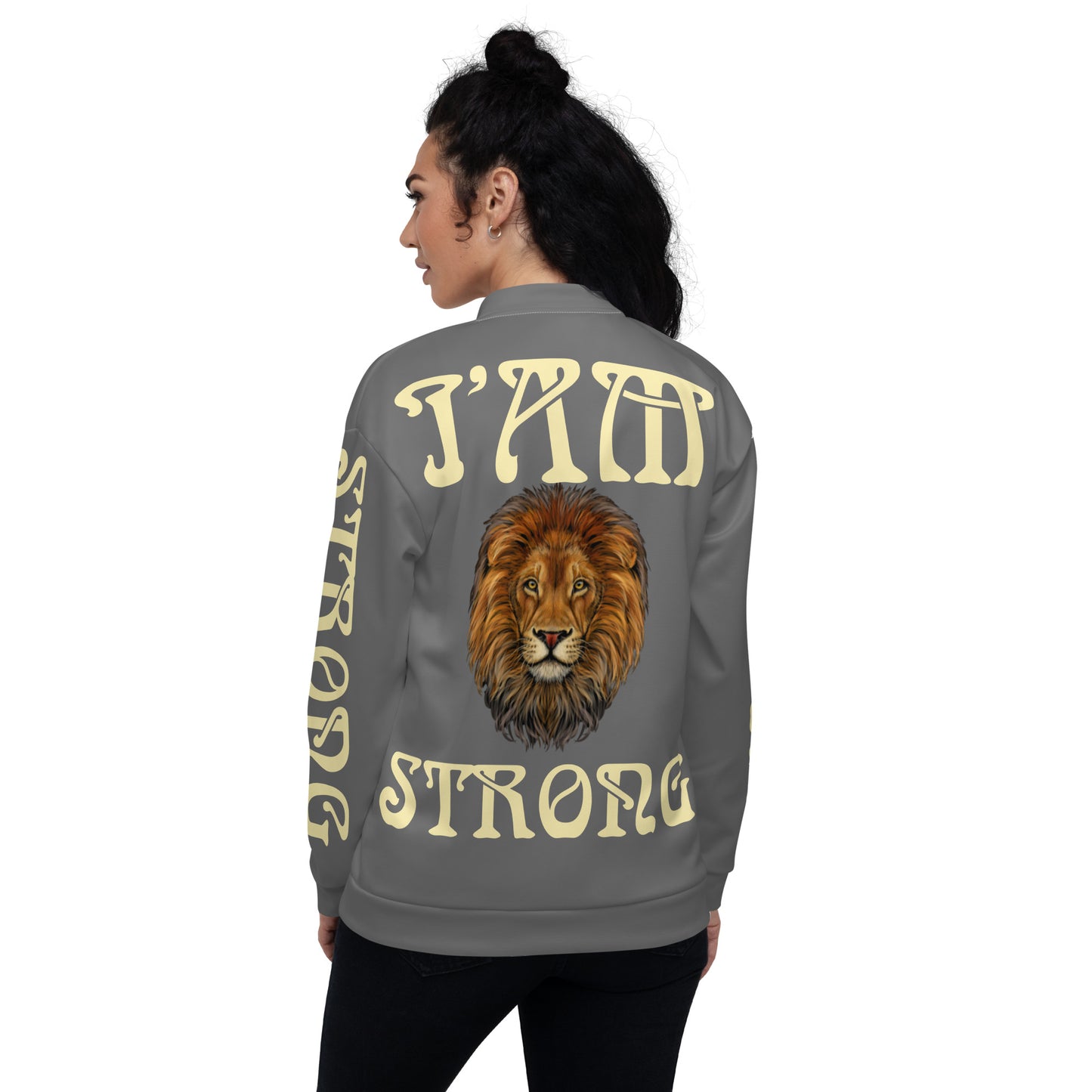 “I’AM STRONG”Grey Unisex Bomber Jacket W/Banana Font