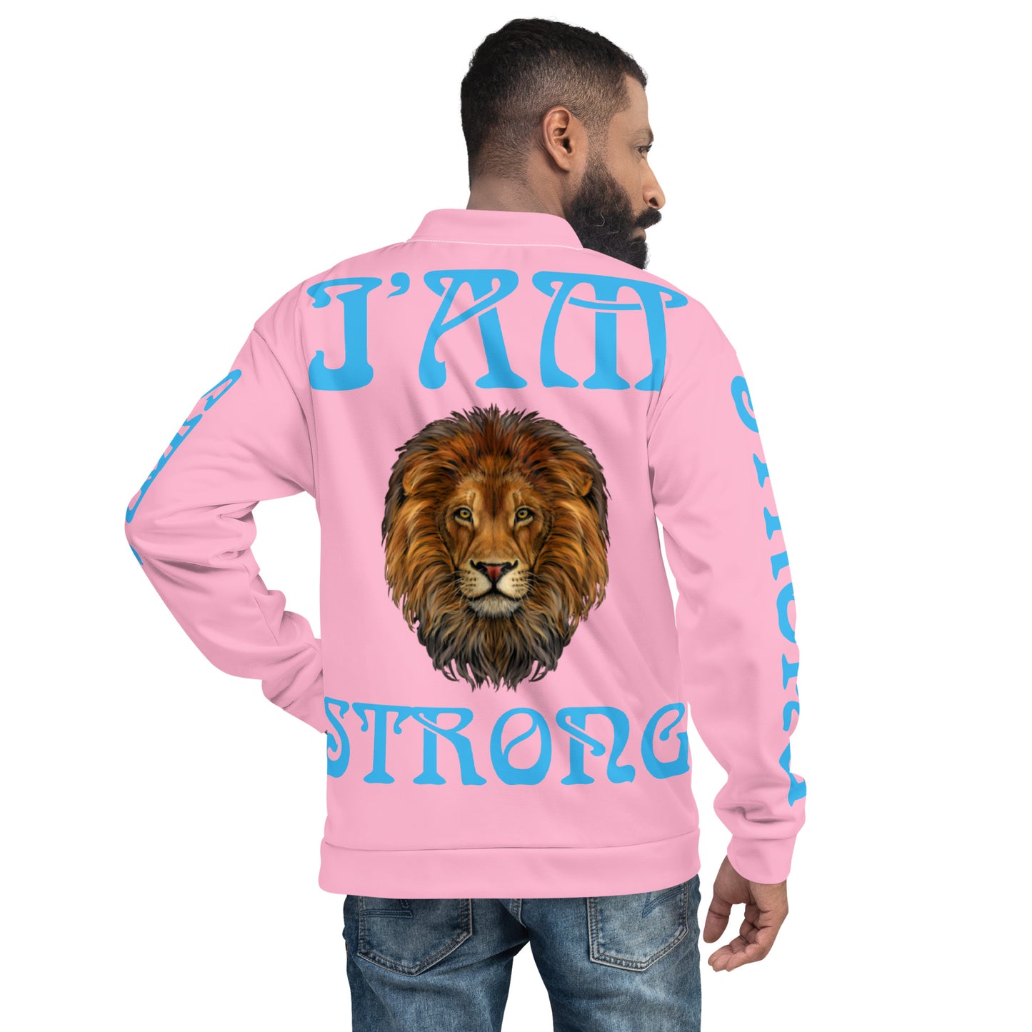 “I”AM STRONG”Cotton Candy Unisex Bomber Jacket W/SkyBlue Font