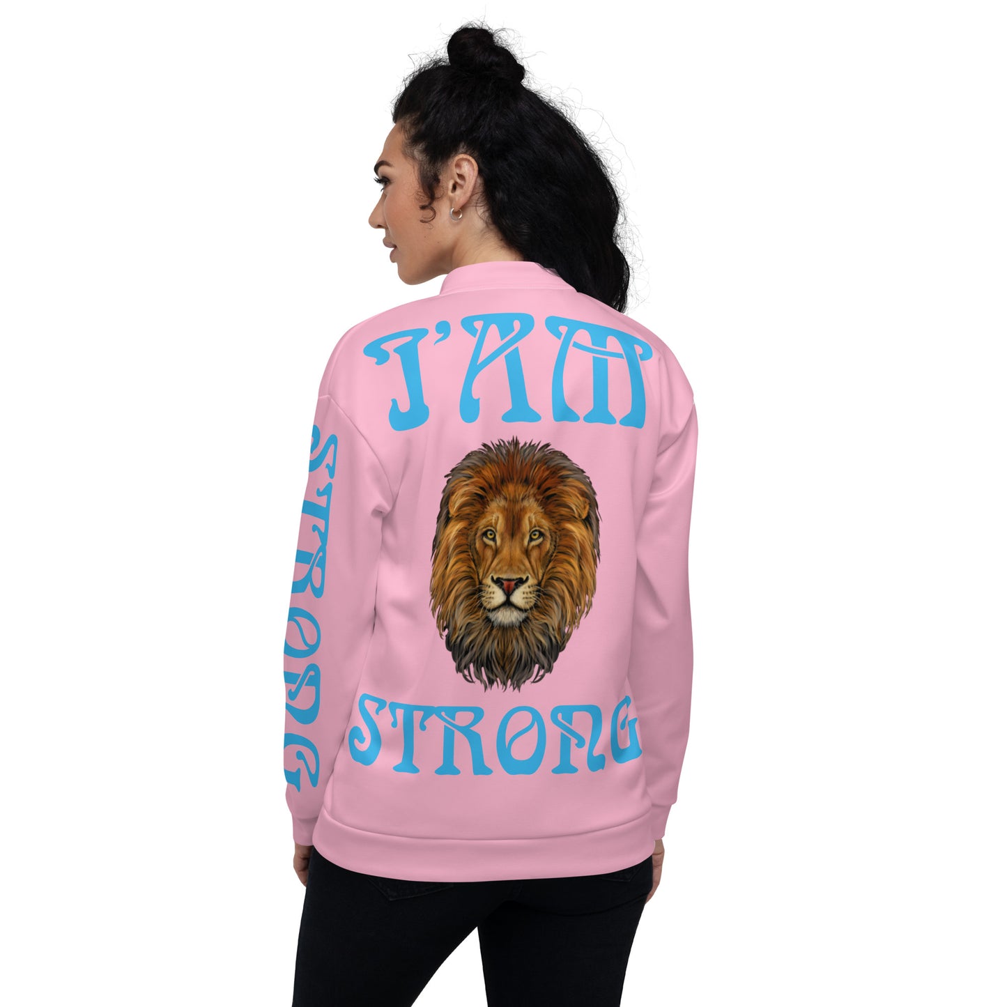 “I”AM STRONG”Cotton Candy Unisex Bomber Jacket W/SkyBlue Font