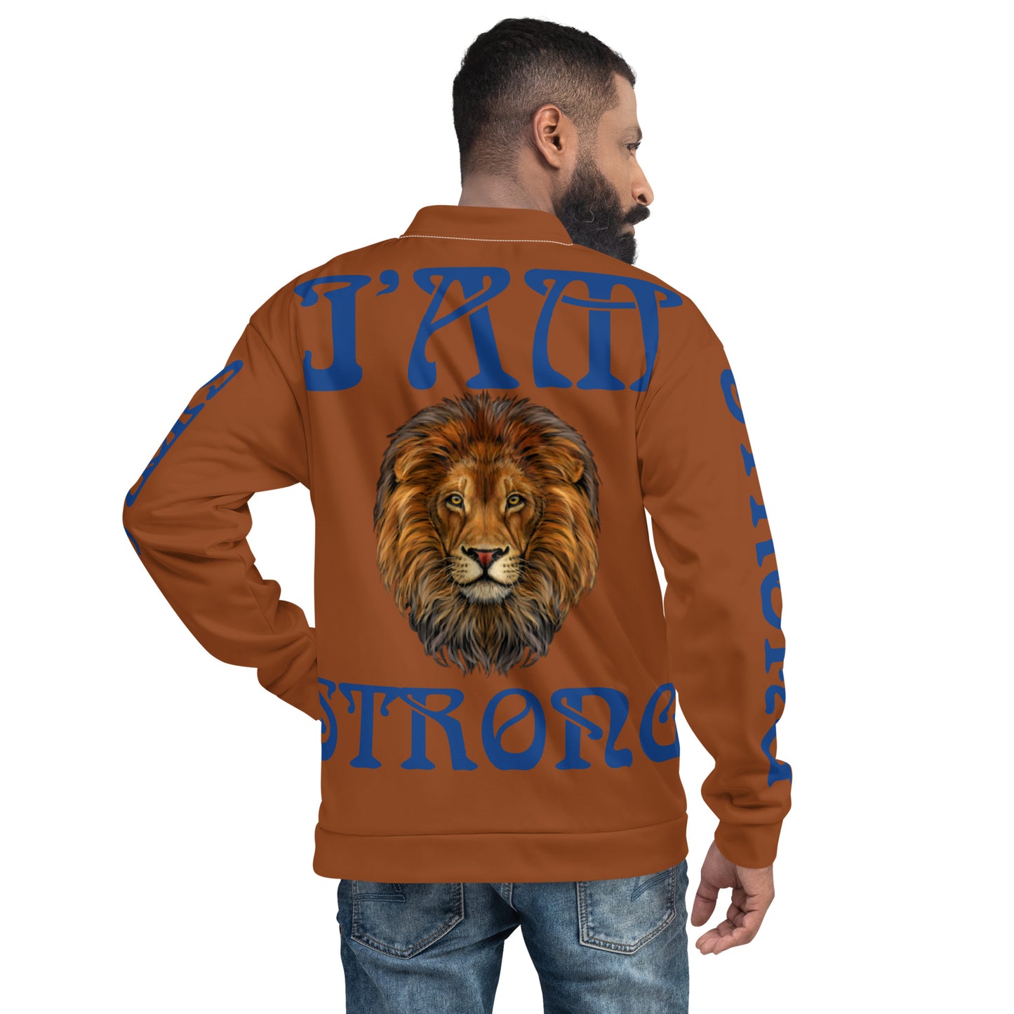 “I”AM STRONG”Brown Unisex Bomber Jacket W/Blue Font