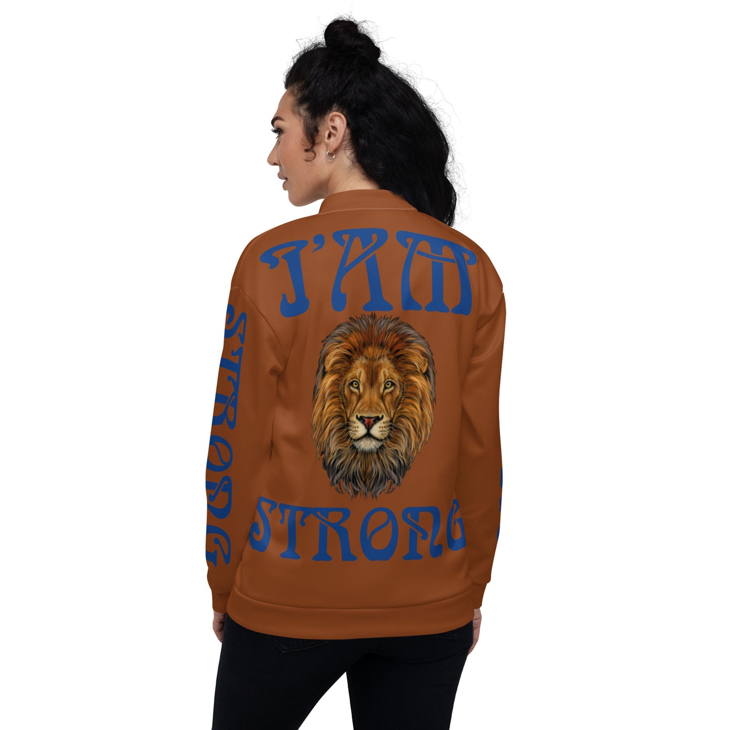 “I”AM STRONG”Brown Unisex Bomber Jacket W/Blue Font