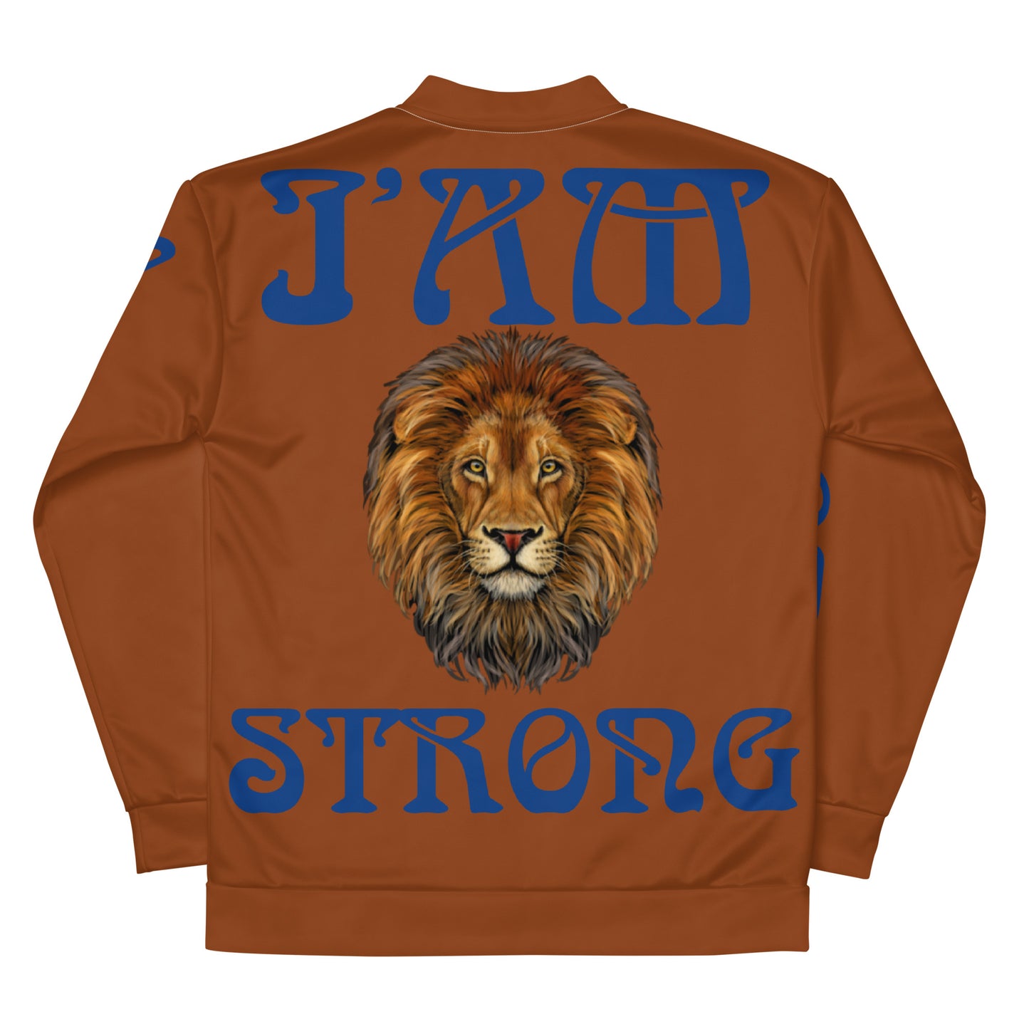 “I”AM STRONG”Brown Unisex Bomber Jacket W/Blue Font