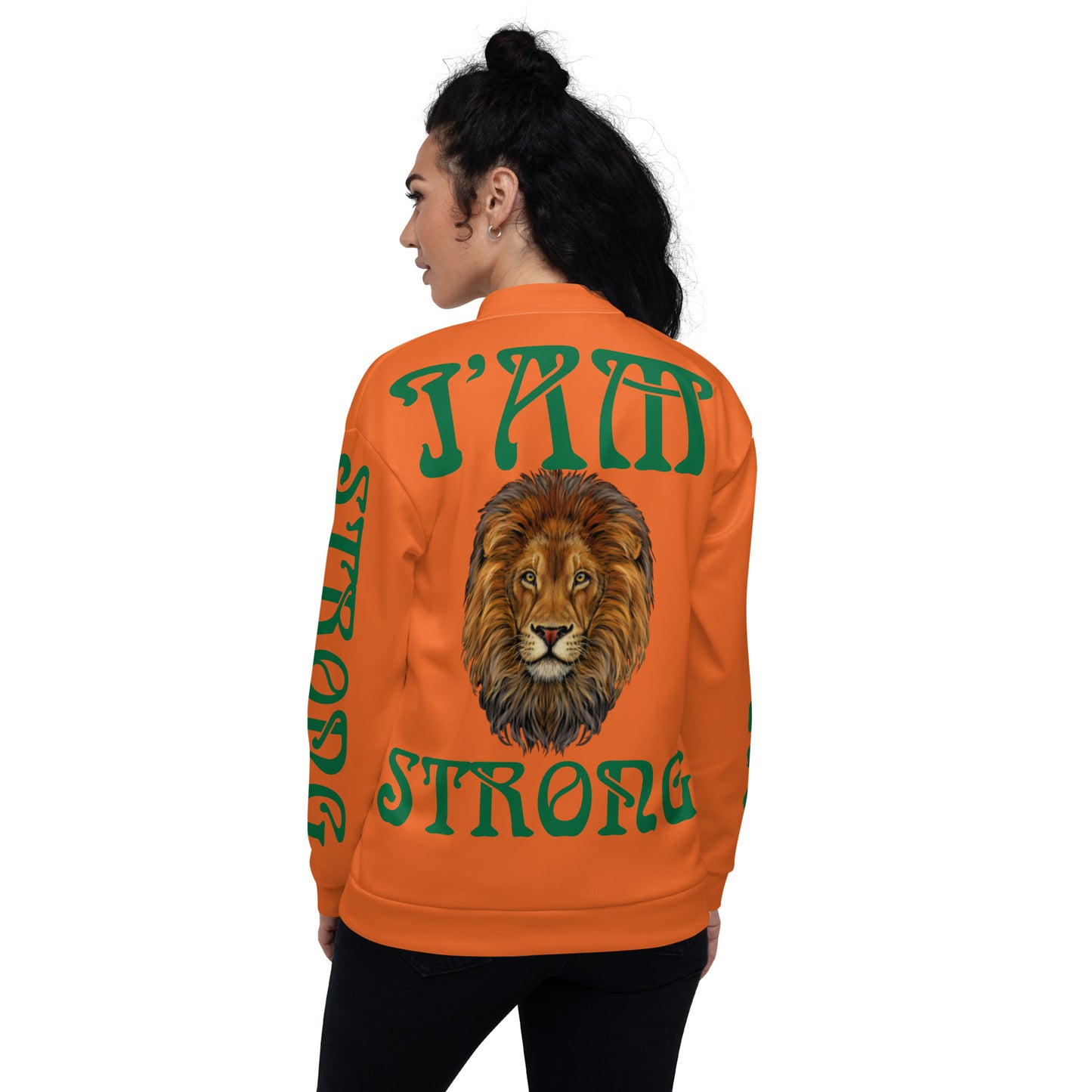 “I’AM STRONG”Orange Unisex Bomber Jacket W/Green Font