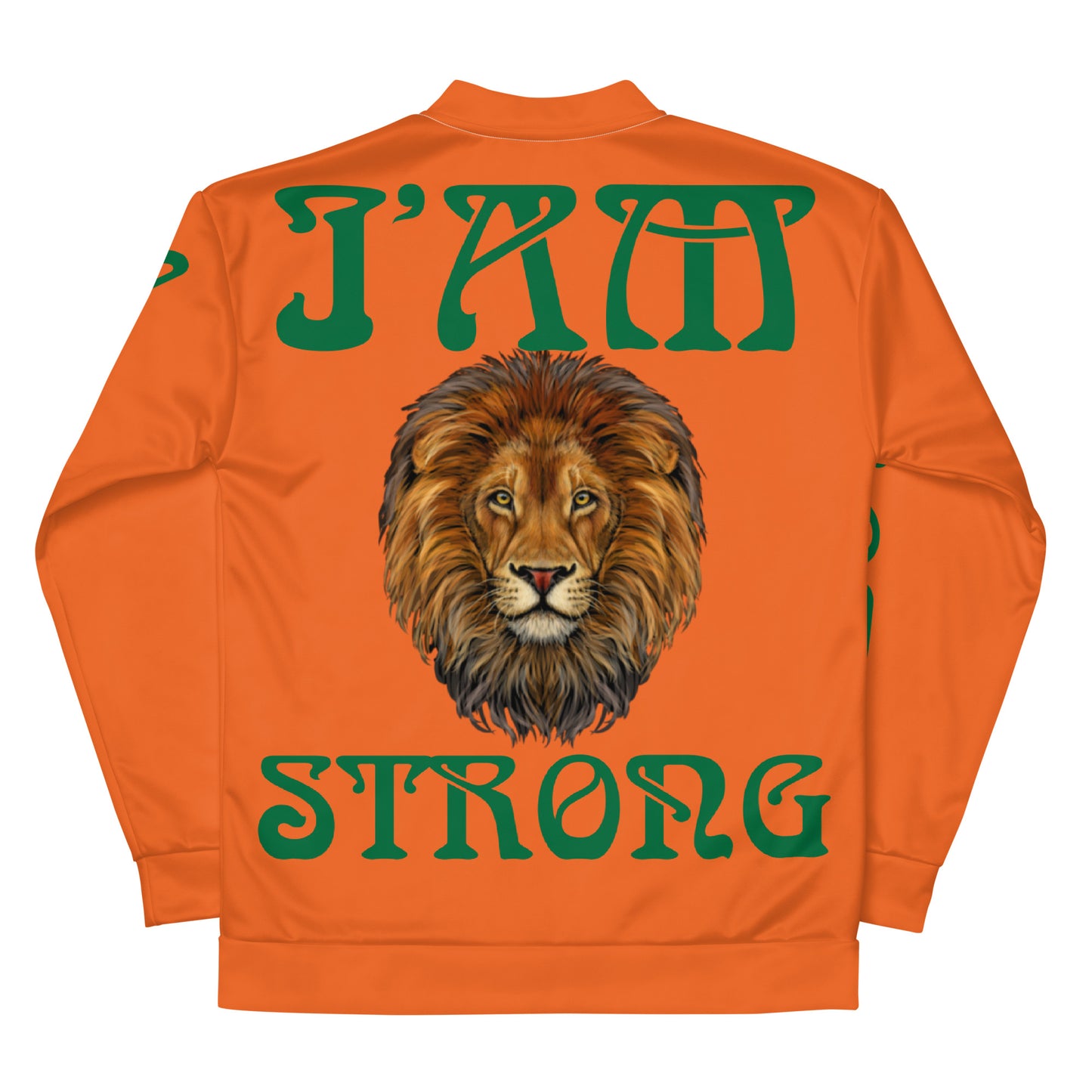 “I’AM STRONG”Orange Unisex Bomber Jacket W/Green Font