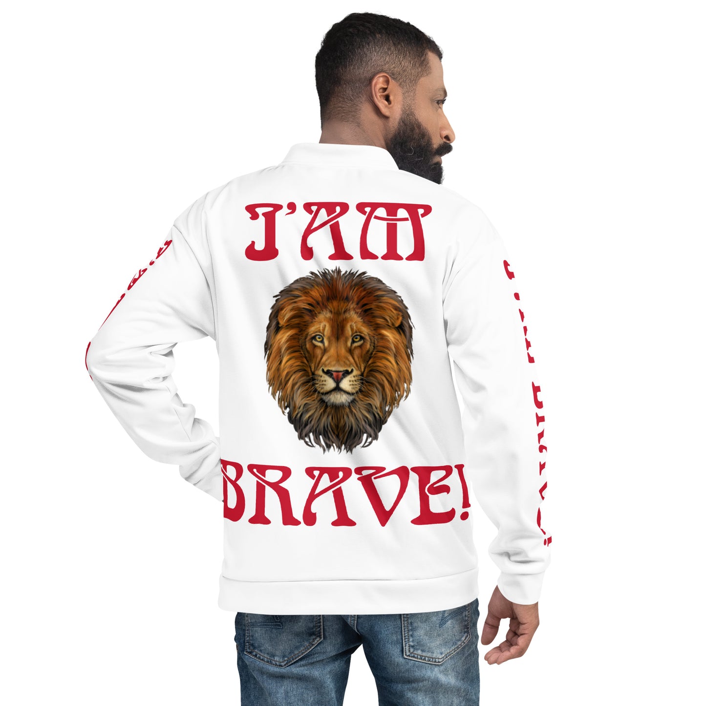 “I’AM BRAVE!”White Unisex Bomber Jacket W/Red Font