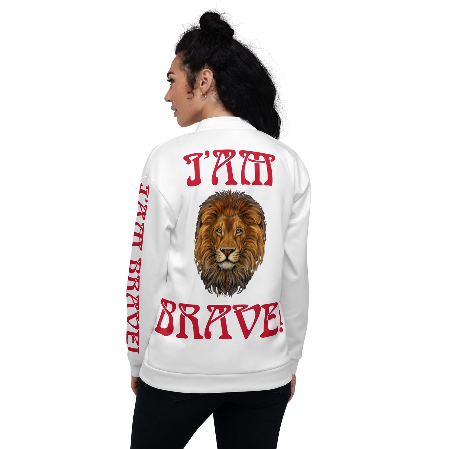 “I’AM BRAVE!”White Unisex Bomber Jacket W/Red Font