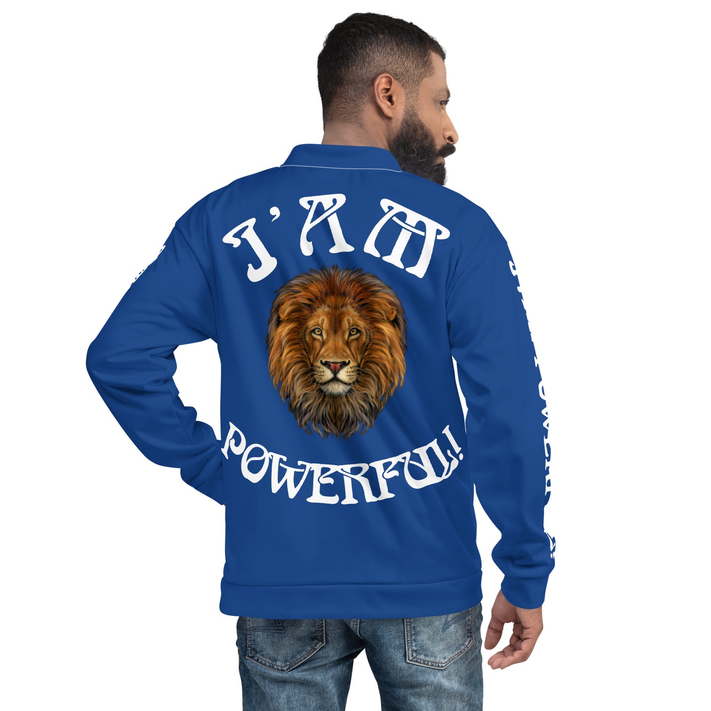 “POWERFUL!”Blue Unisex Bomber Jacket W/White Font