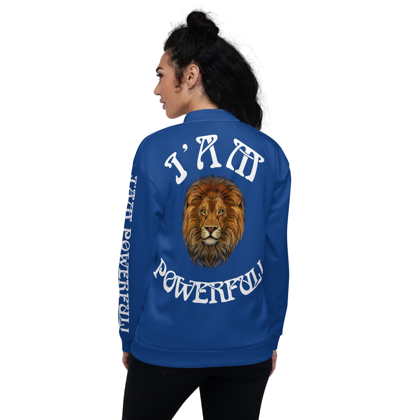 “POWERFUL!”Blue Unisex Bomber Jacket W/White Font