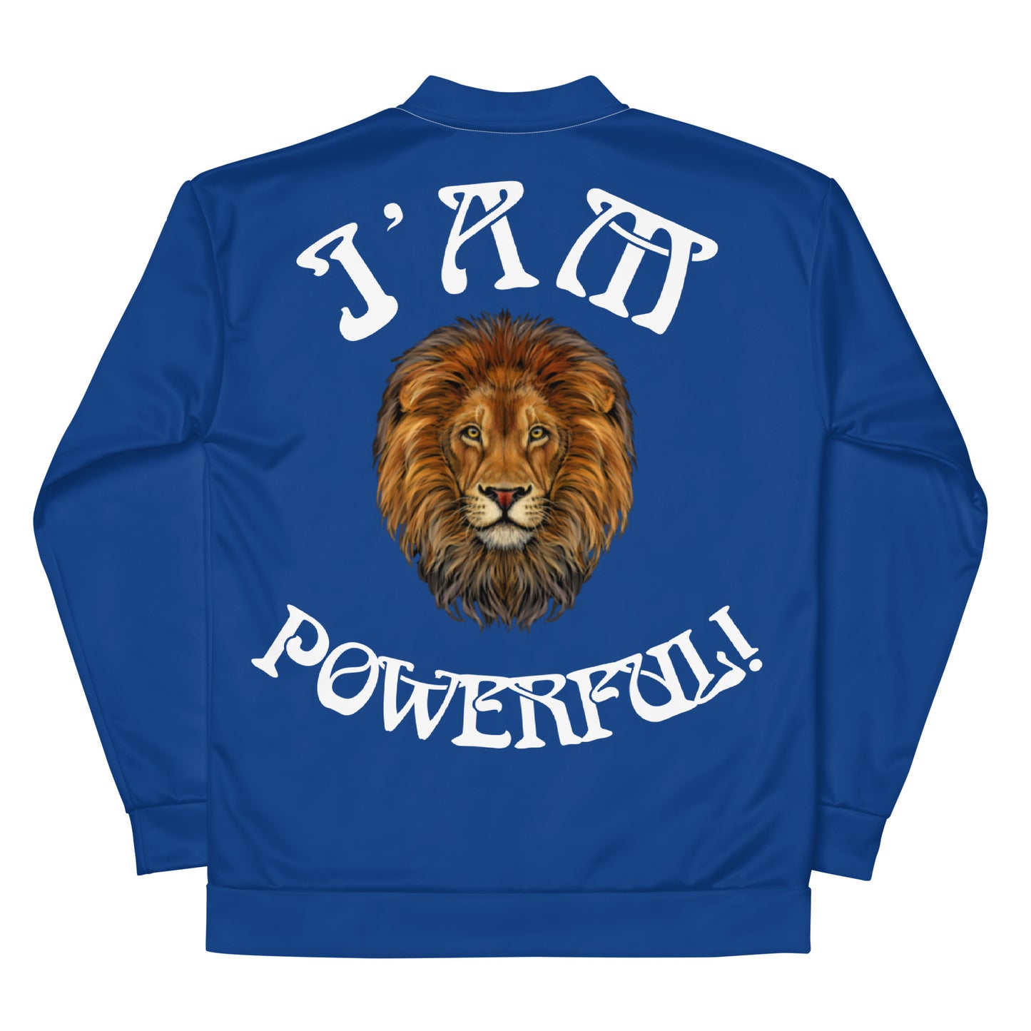 “POWERFUL!”Blue Unisex Bomber Jacket W/White Font