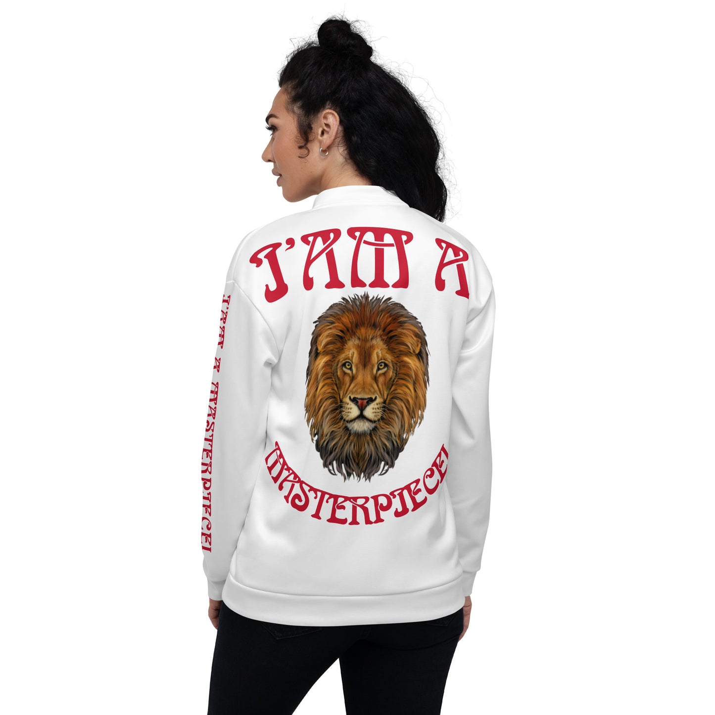 “IAM A MASTERPIECE!”White Unisex Bomber Jacket W/Red Font
