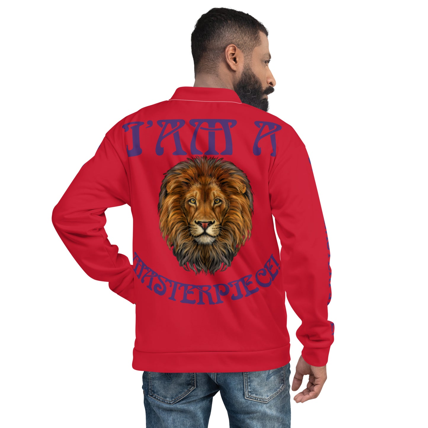 “IAM A MASTERPIECE!"Red Unisex Bomber Jacket W/Purple Font