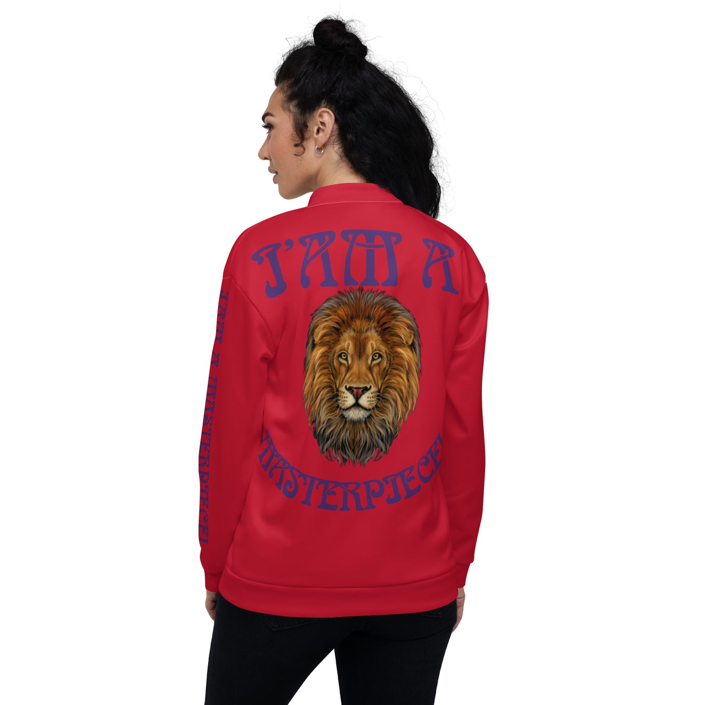 “IAM A MASTERPIECE!"Red Unisex Bomber Jacket W/Purple Font
