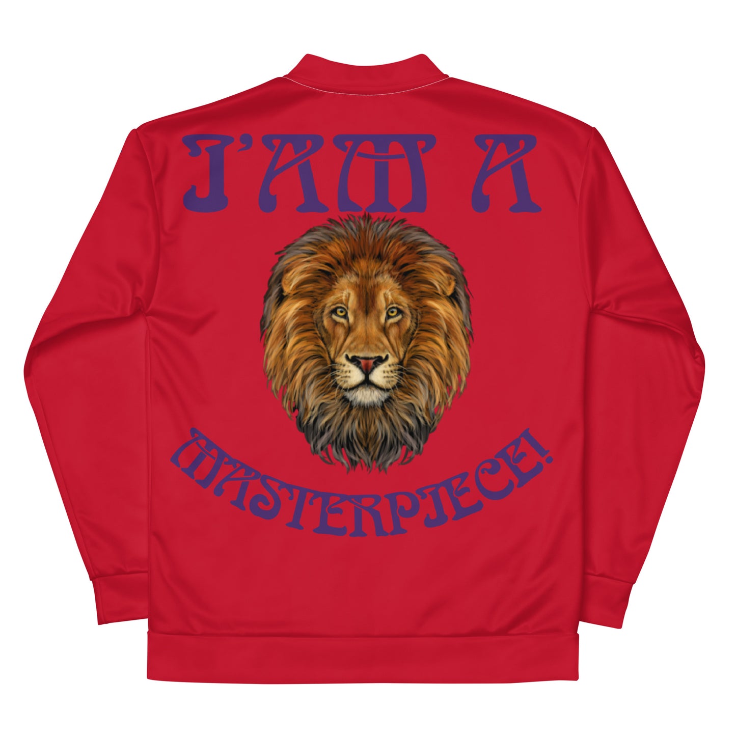 “IAM A MASTERPIECE!"Red Unisex Bomber Jacket W/Purple Font