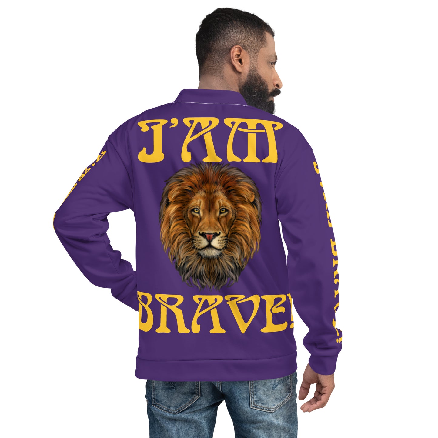 “IAM BRAVE!”Purple Unisex Bomber Jacket W/Yellow Font