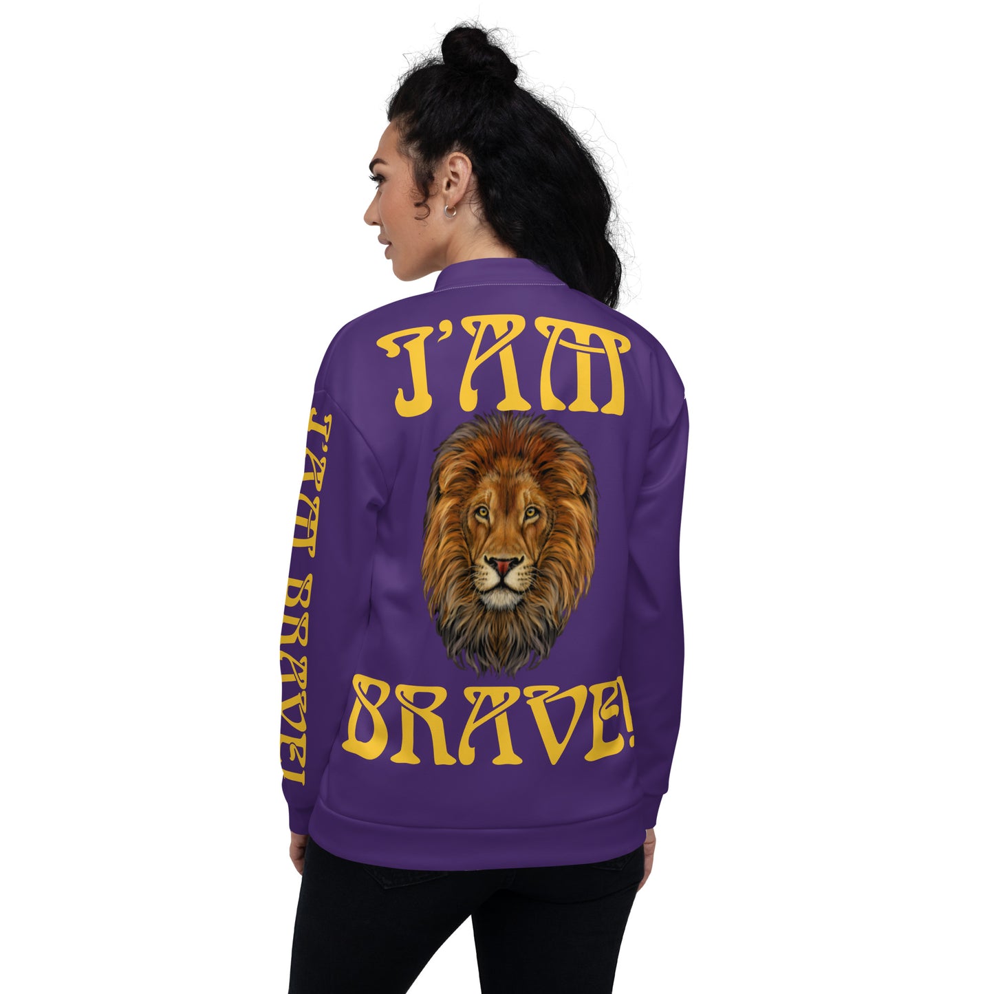 “IAM BRAVE!”Purple Unisex Bomber Jacket W/Yellow Font