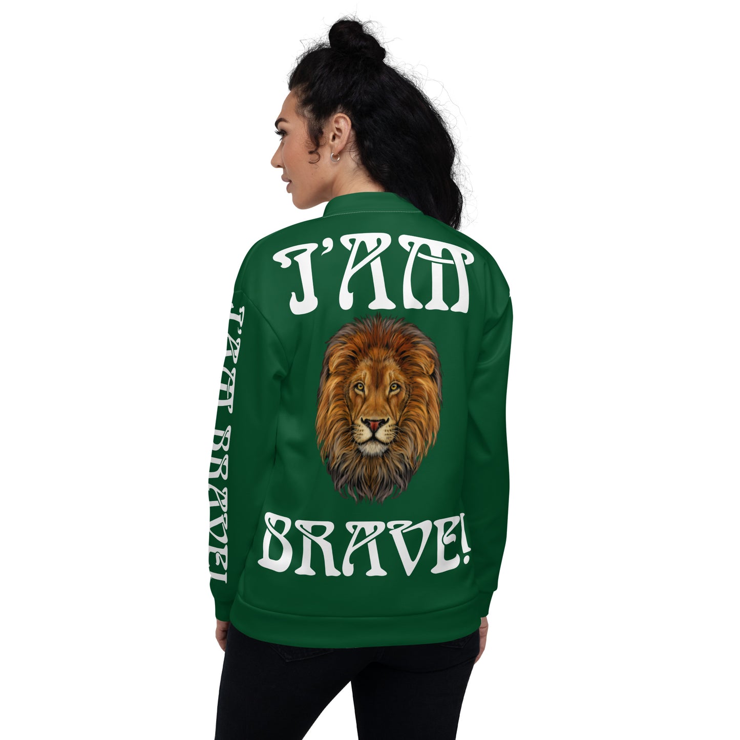 “IAM BRAVE!”Green Unisex Bomber Jacket W/White Font