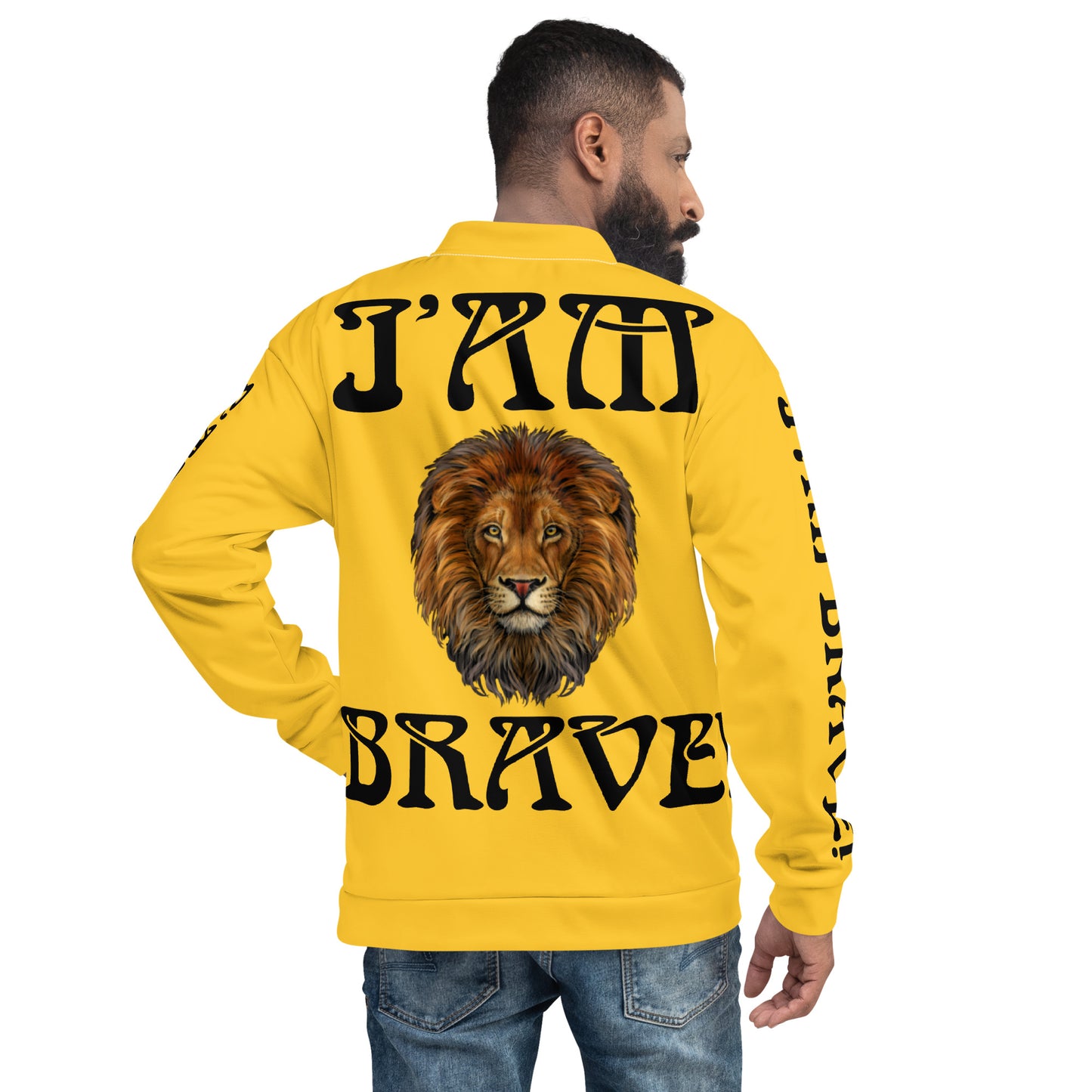 “IAM BRAVE!”Yellow Unisex Bomber Jacket W/Black Font
