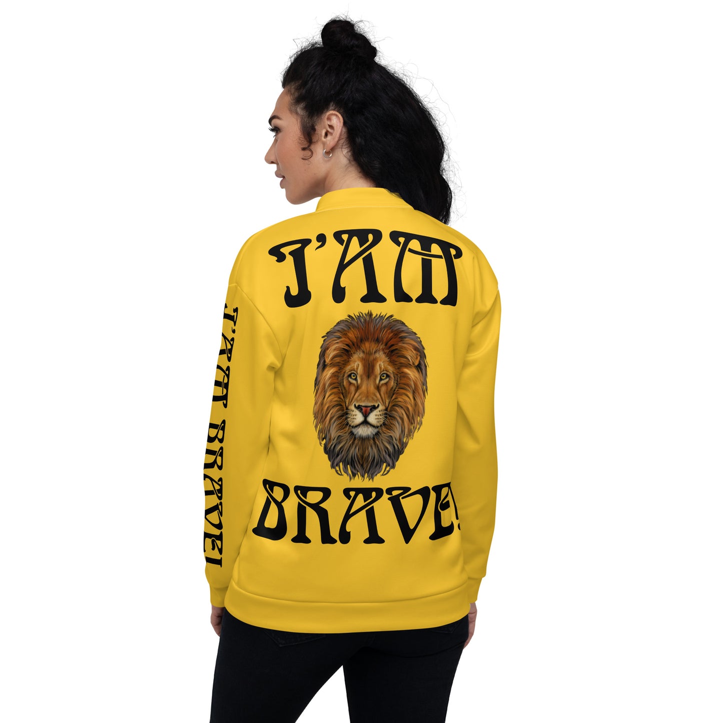 “IAM BRAVE!”Yellow Unisex Bomber Jacket W/Black Font