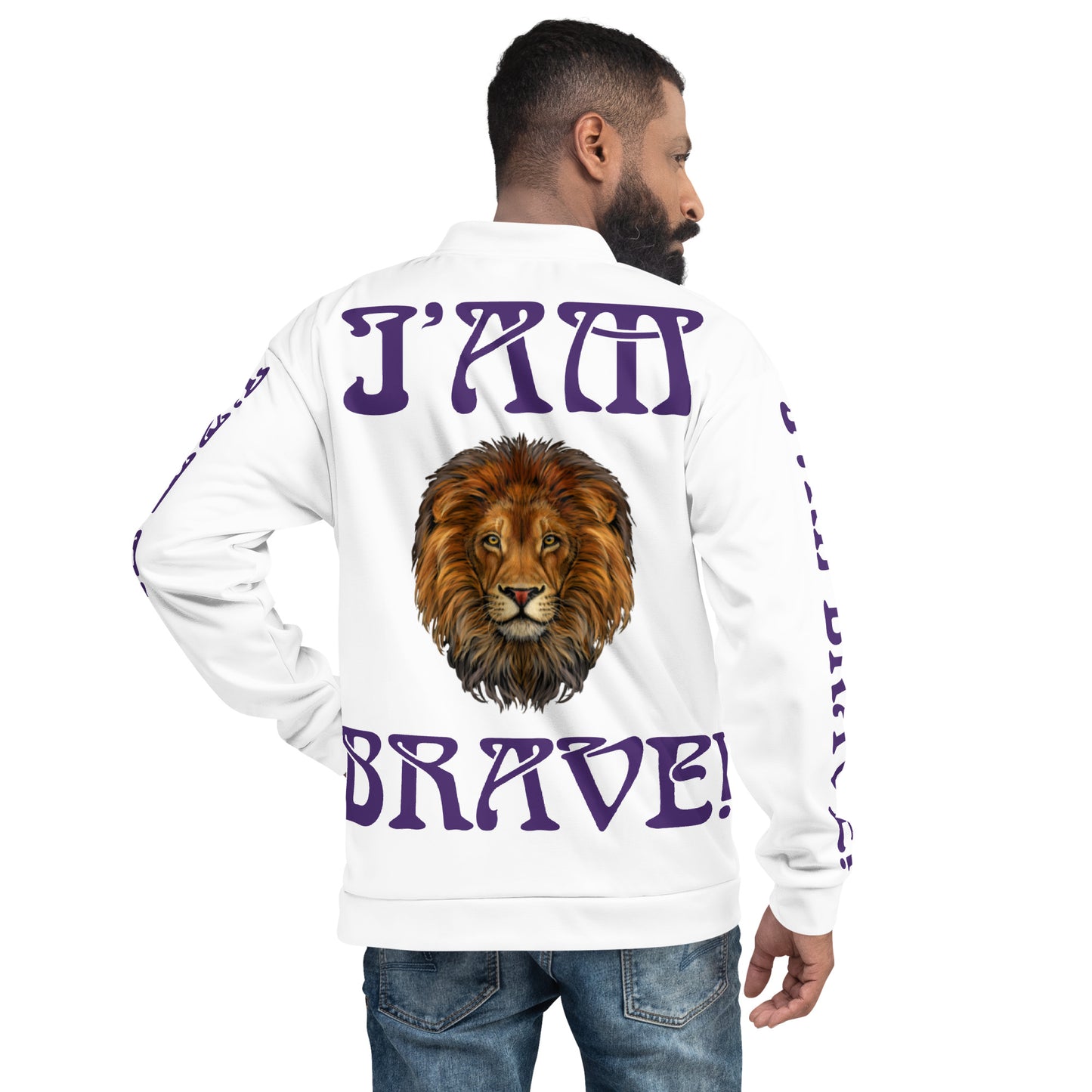 “IAM BRAVE!"White Unisex Bomber Jacket W/Purple Font